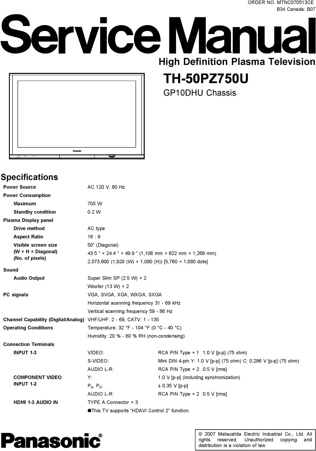 Panasonic th 50pz750u service manual cover with photo of the television, TV type, chassis code, model code, creation date and document number