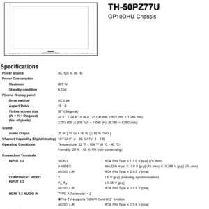 Panasonic th 50pz77u service manual cover with photo of the television, TV type, chassis code, model code, creation date and document number