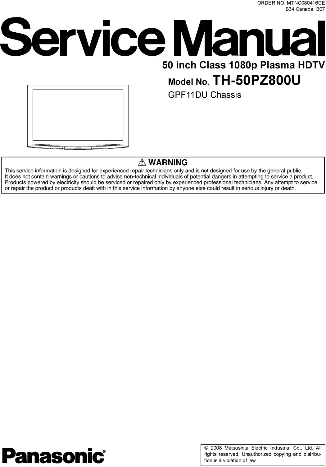 Panasonic th 50pz800u service manual cover with photo of the television, TV type, chassis code, model code, creation date and document number