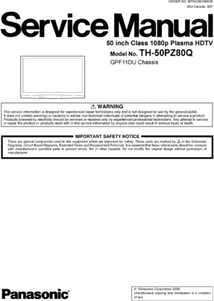 Panasonic th 50pz80q service manual cover with photo of the television, TV type, chassis code, model code, creation date and document number