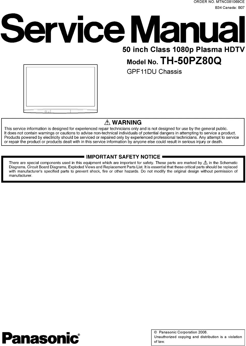 Panasonic th 50pz80q service manual cover with photo of the television, TV type, chassis code, model code, creation date and document number