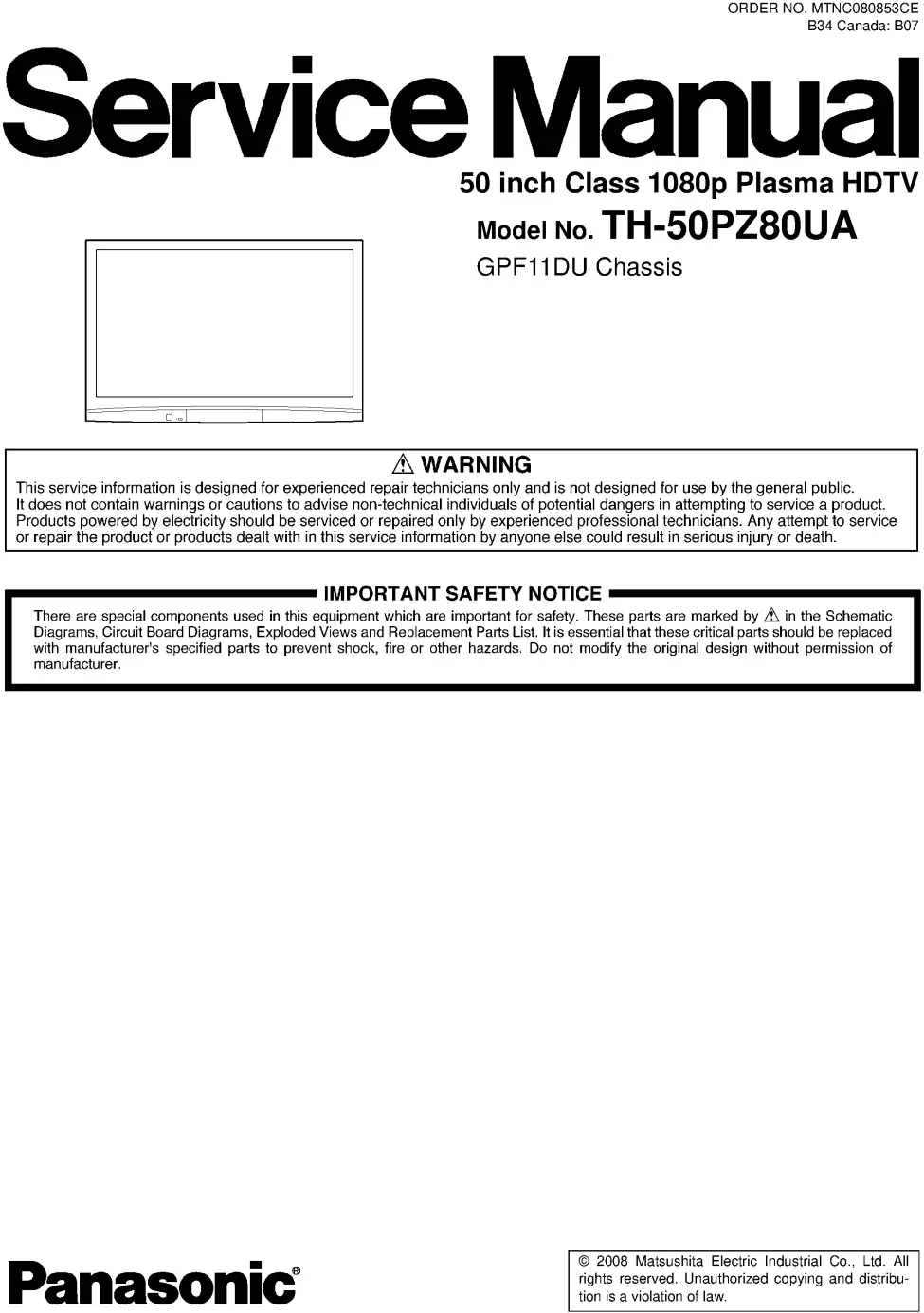 Panasonic th 50pz80ua service manual cover with photo of the television, TV type, chassis code, model code, creation date and document number
