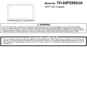 Panasonic th 50pz850ua service manual cover with photo of the television, TV type, chassis code, model code, creation date and document number