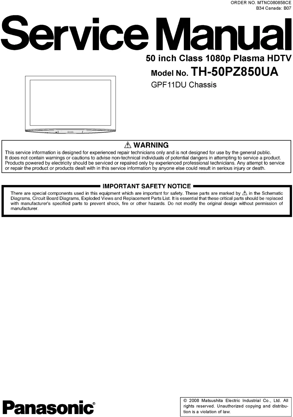 Panasonic th 50pz850ua service manual cover with photo of the television, TV type, chassis code, model code, creation date and document number