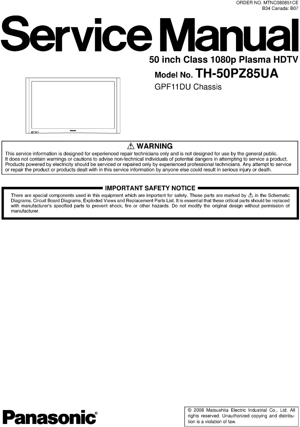 Panasonic th 50pz85ua service manual cover with photo of the television, TV type, chassis code, model code, creation date and document number