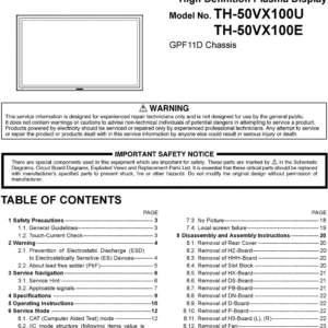 Panasonic th 50vx100u 50vx100e service manual cover with photo of the television, TV type, chassis code, model code, creation date and document number