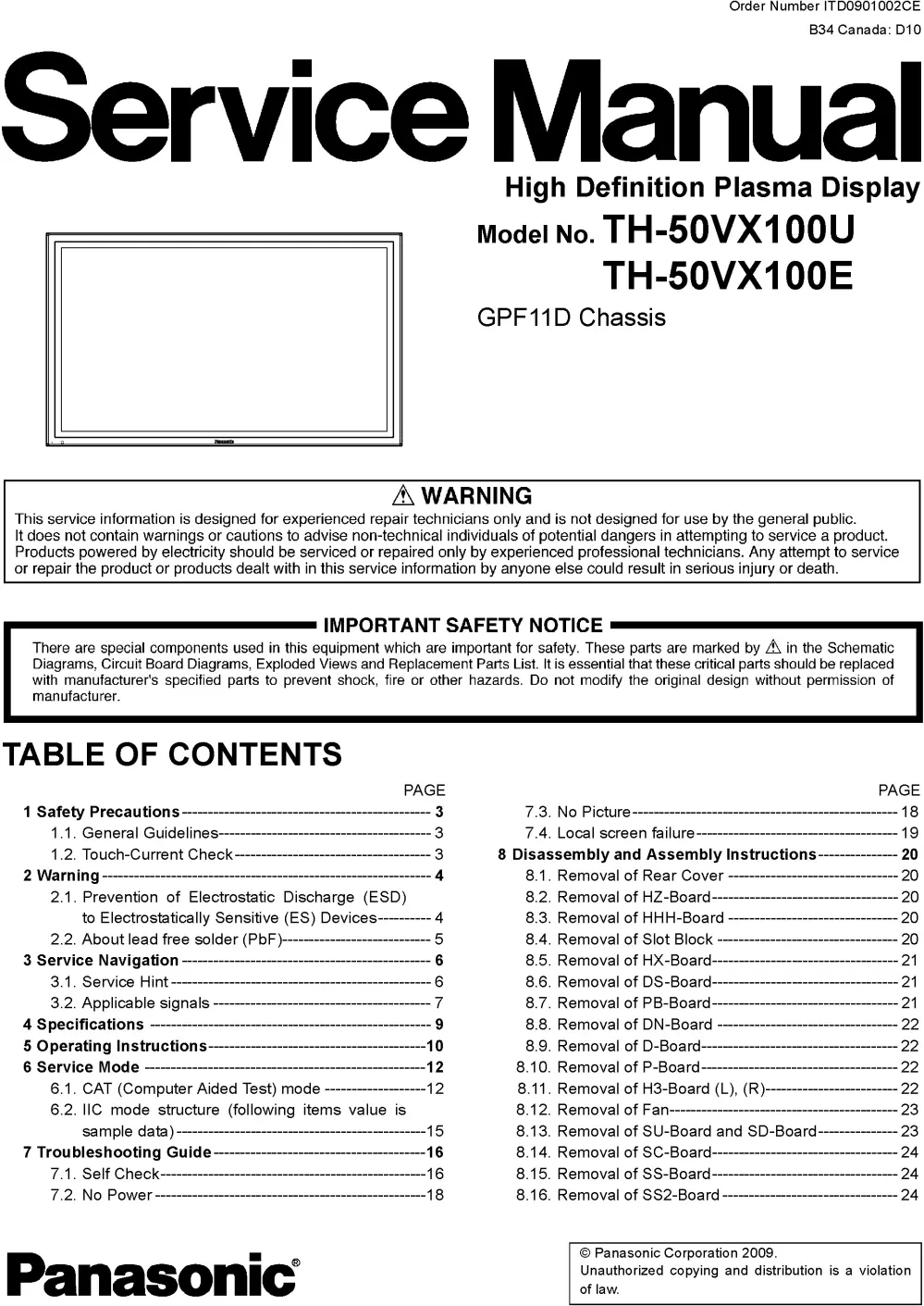 Panasonic th 50vx100u 50vx100e service manual cover with photo of the television, TV type, chassis code, model code, creation date and document number