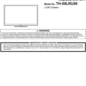 Panasonic th 55lru50 service manual cover with photo of the television, TV type, chassis code, model code, creation date and document number