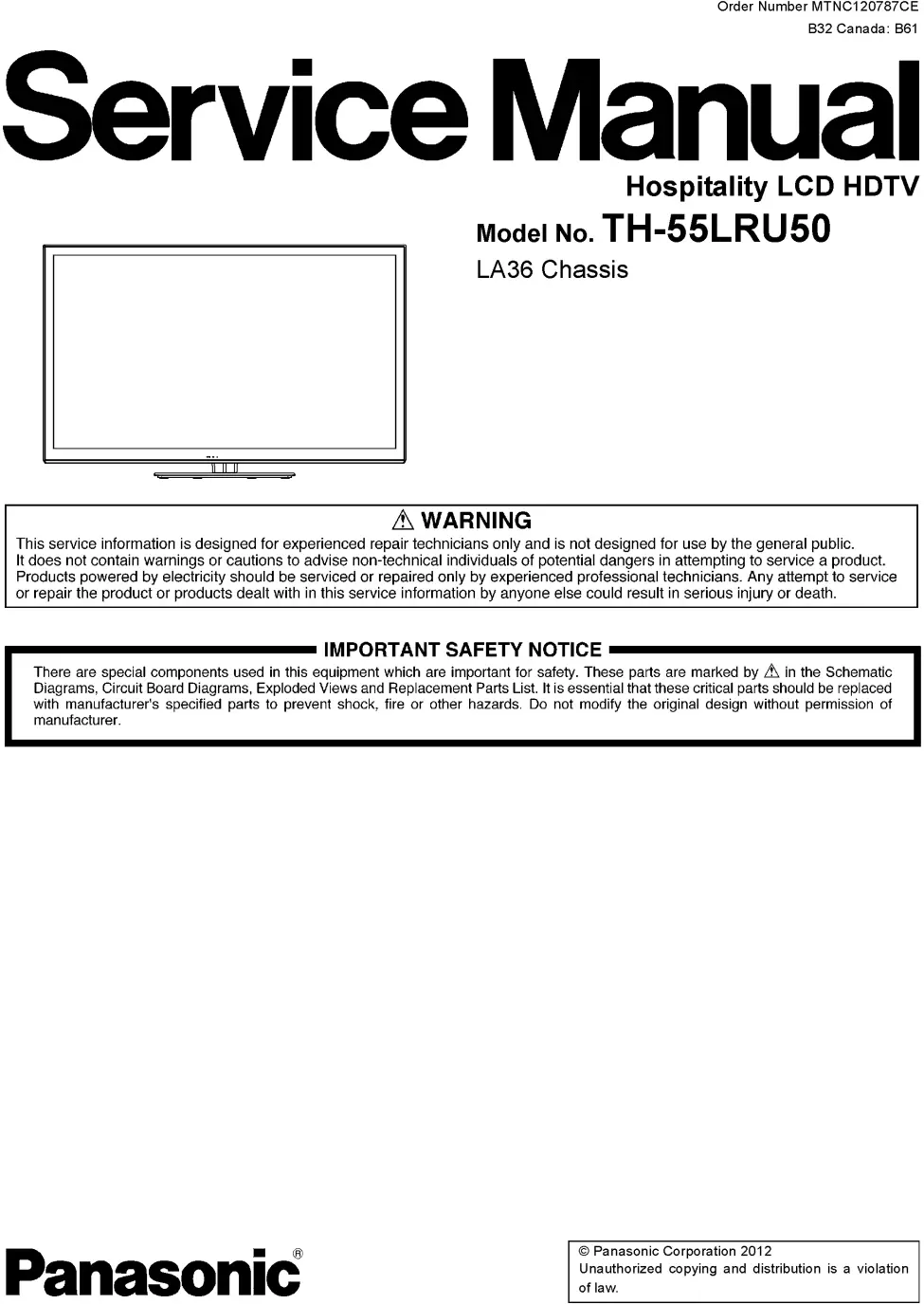 Panasonic th 55lru50 service manual cover with photo of the television, TV type, chassis code, model code, creation date and document number