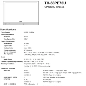 Panasonic th 58pe75u service manual cover with photo of the television, TV type, chassis code, model code, creation date and document number