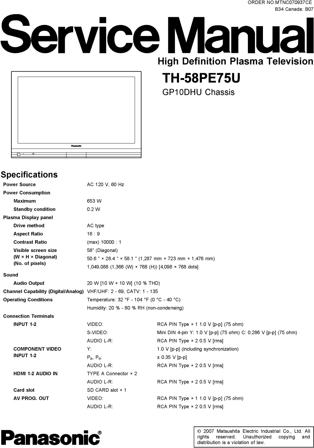 Panasonic th 58pe75u service manual cover with photo of the television, TV type, chassis code, model code, creation date and document number