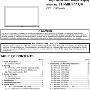 Panasonic th 58pf11uk service manual cover with photo of the television, TV type, chassis code, model code, creation date and document number