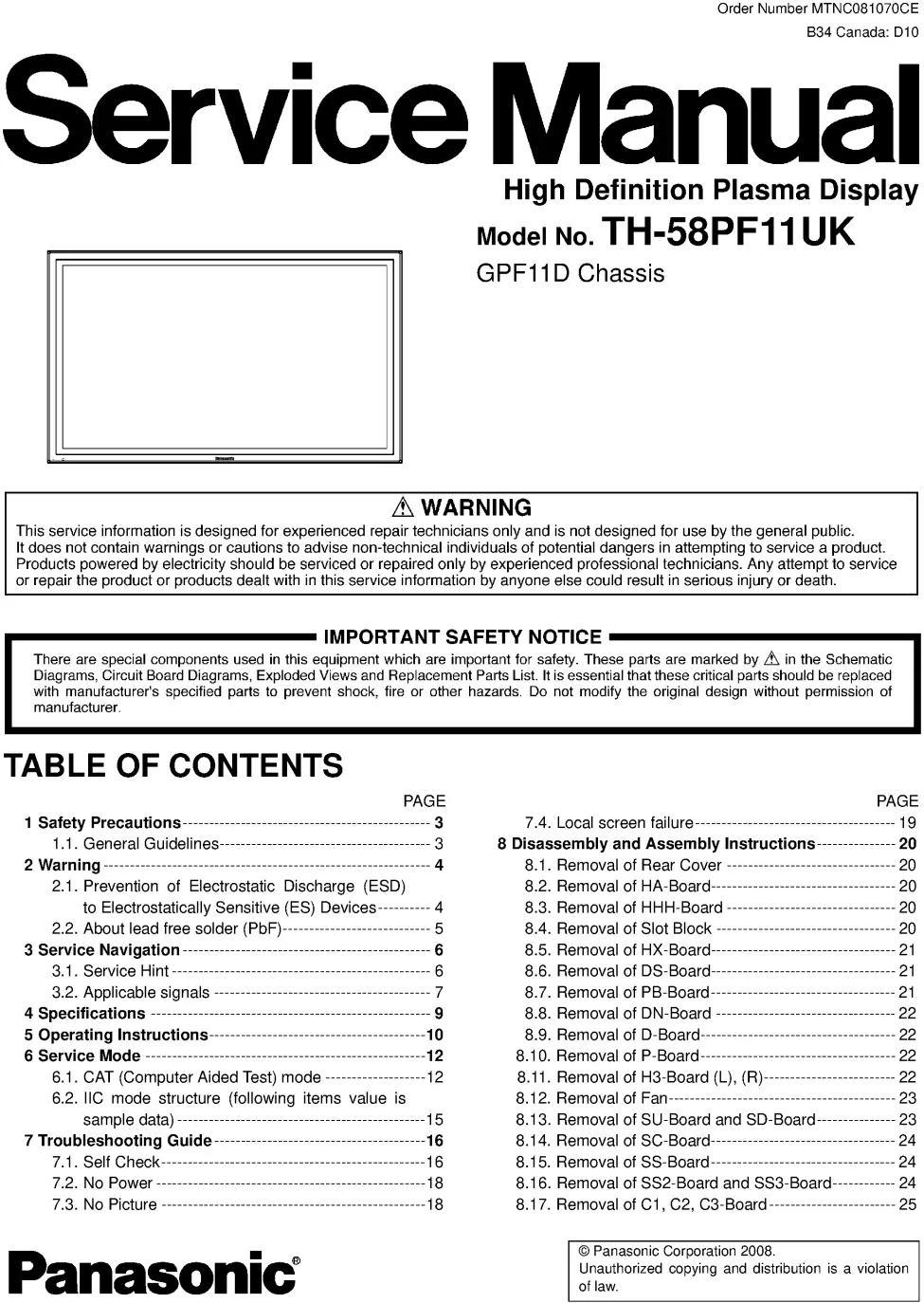 Panasonic th 58pf11uk service manual cover with photo of the television, TV type, chassis code, model code, creation date and document number