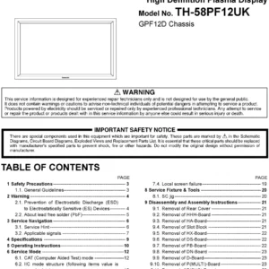 Panasonic th 58pf12uk service manual cover with photo of the television, TV type, chassis code, model code, creation date and document number