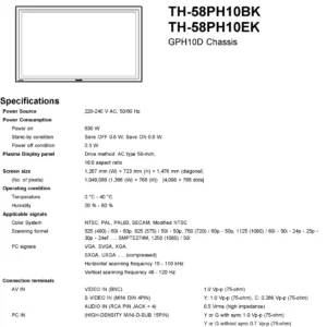 Panasonic th 58ph10 service manual cover with photo of the television, TV type, chassis code, model code, creation date and document number
