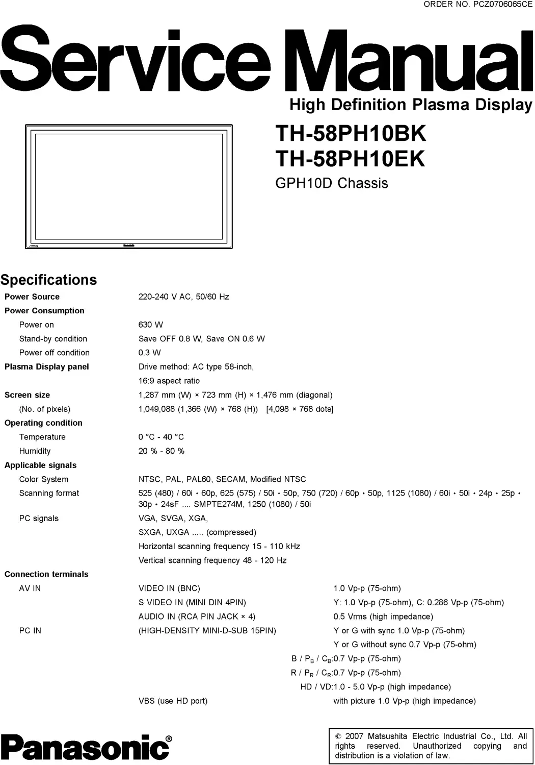 Panasonic th 58ph10 service manual cover with photo of the television, TV type, chassis code, model code, creation date and document number