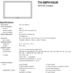 Panasonic th 58ph10uk service manual cover with photo of the television, TV type, chassis code, model code, creation date and document number
