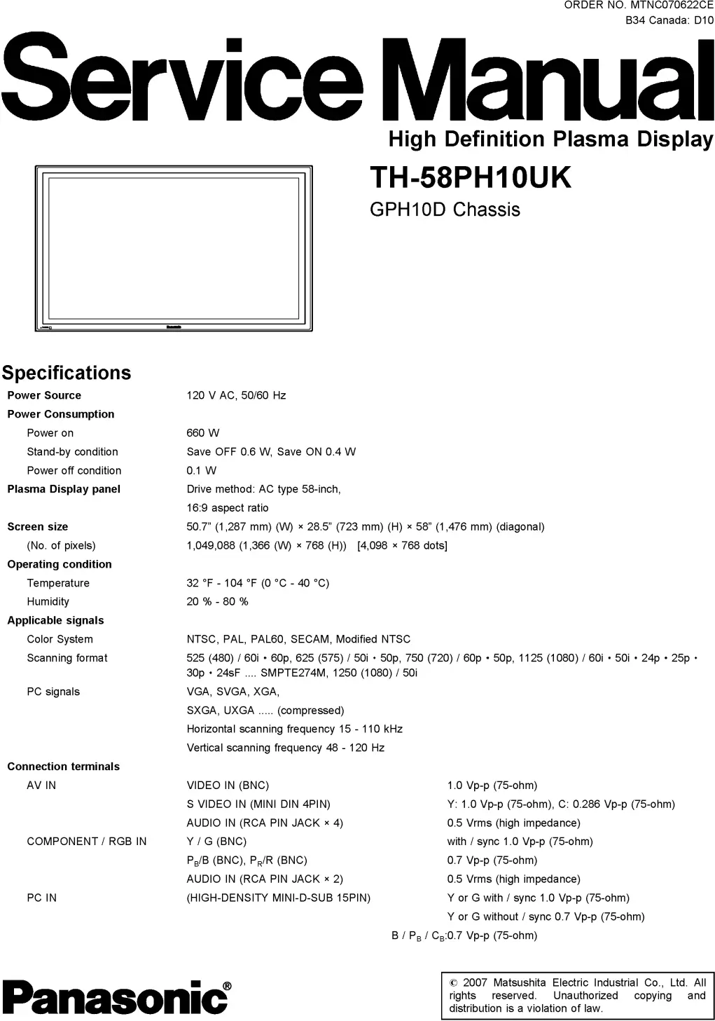Panasonic th 58ph10uk service manual cover with photo of the television, TV type, chassis code, model code, creation date and document number