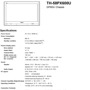 Panasonic th 58px600u service manual cover with photo of the television, TV type, chassis code, model code, creation date and document number