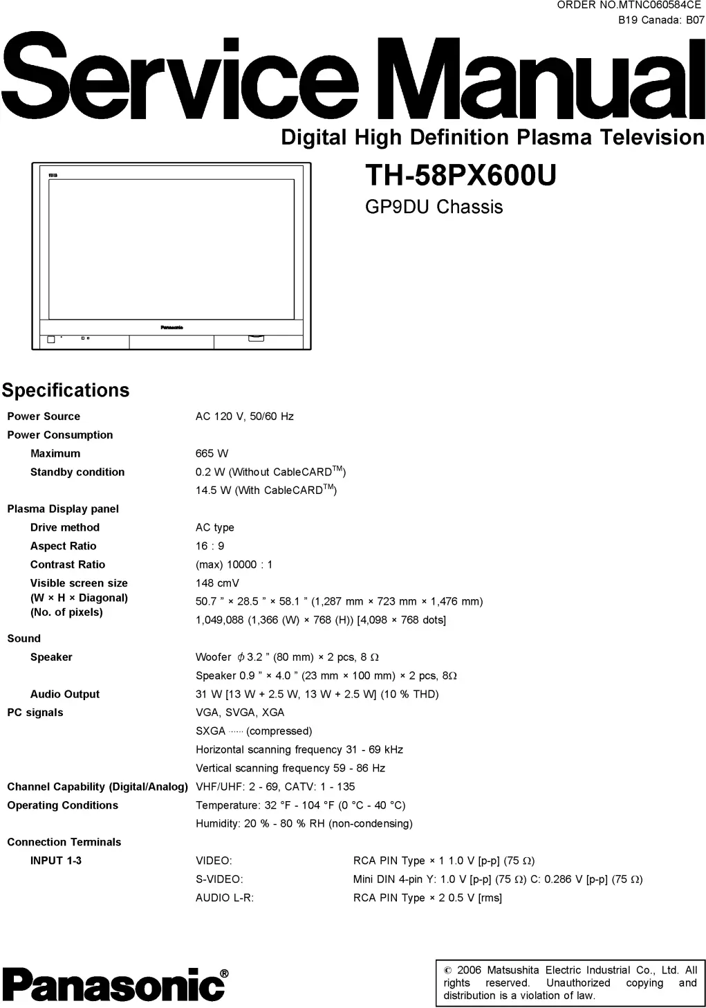 Panasonic th 58px600u service manual cover with photo of the television, TV type, chassis code, model code, creation date and document number