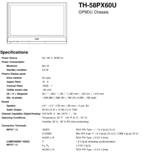 Panasonic th 58px60u service manual cover with photo of the television, TV type, chassis code, model code, creation date and document number