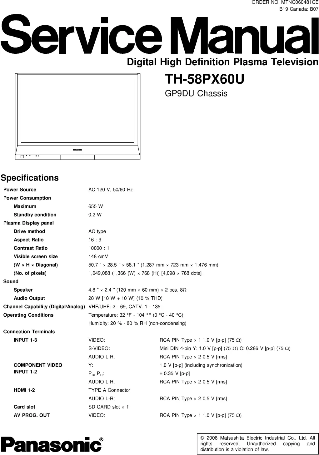 Panasonic th 58px60u service manual cover with photo of the television, TV type, chassis code, model code, creation date and document number
