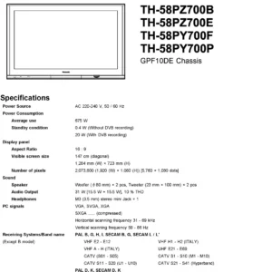 Panasonic th 58pz700b service manual cover with photo of the television, TV type, chassis code, model code, creation date and document number