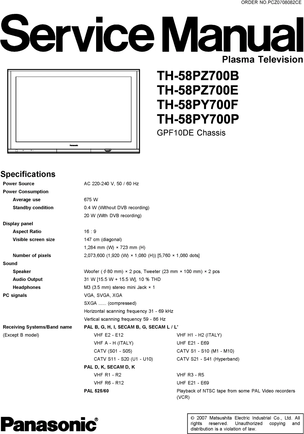 Panasonic th 58pz700b service manual cover with photo of the television, TV type, chassis code, model code, creation date and document number