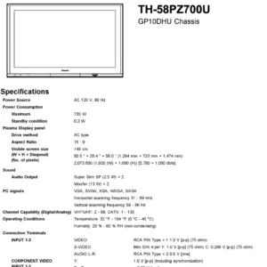 Panasonic th 58pz700u service manual cover with photo of the television, TV type, chassis code, model code, creation date and document number