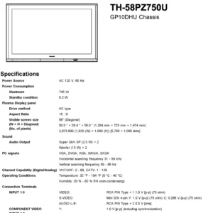 Panasonic th 58pz750u service manual cover with photo of the television, TV type, chassis code, model code, creation date and document number