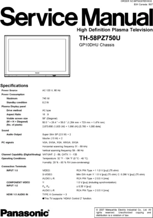 Panasonic th 58pz750u service manual cover with photo of the television, TV type, chassis code, model code, creation date and document number