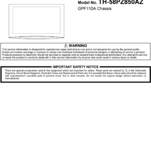 Panasonic th 58pz850az service manual cover with photo of the television, TV type, chassis code, model code, creation date and document number