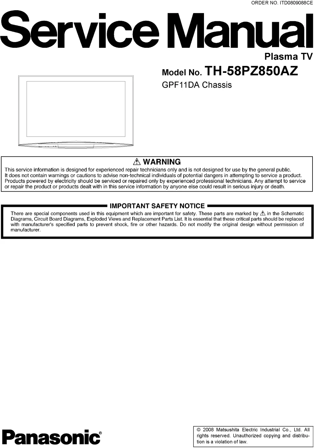 Panasonic th 58pz850az service manual cover with photo of the television, TV type, chassis code, model code, creation date and document number