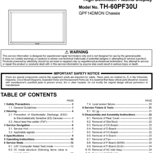 Panasonic th 60pf30u service manual cover with photo of the television, TV type, chassis code, model code, creation date and document number