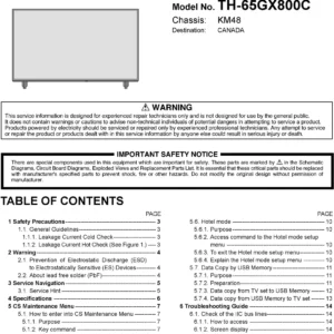 Panasonic th 65gx800 65gx800c service manual cover with photo of the television, TV type, chassis code, model code, creation date and document number
