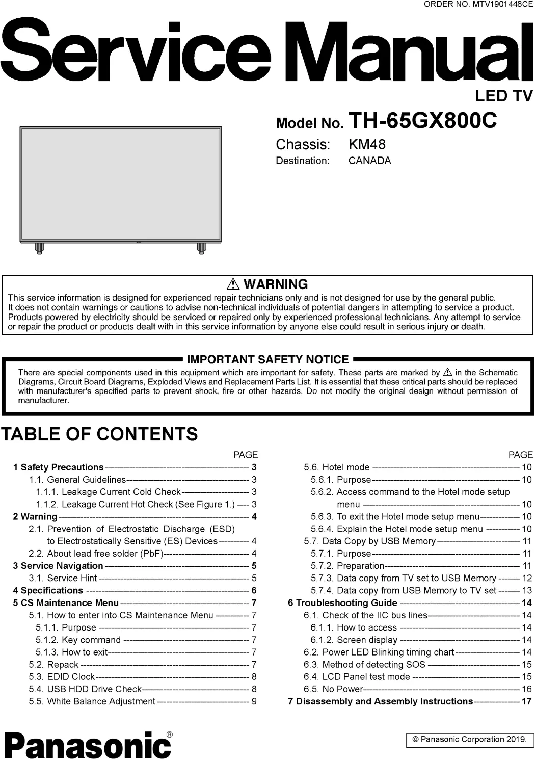 Panasonic th 65gx800 65gx800c service manual cover with photo of the television, TV type, chassis code, model code, creation date and document number