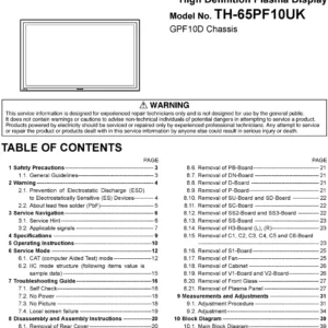 Panasonic th 65pf10uk service manual cover with photo of the television, TV type, chassis code, model code, creation date and document number