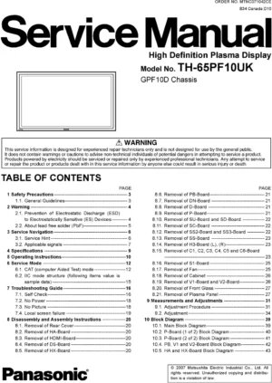 Panasonic th 65pf10uk service manual cover with photo of the television, TV type, chassis code, model code, creation date and document number