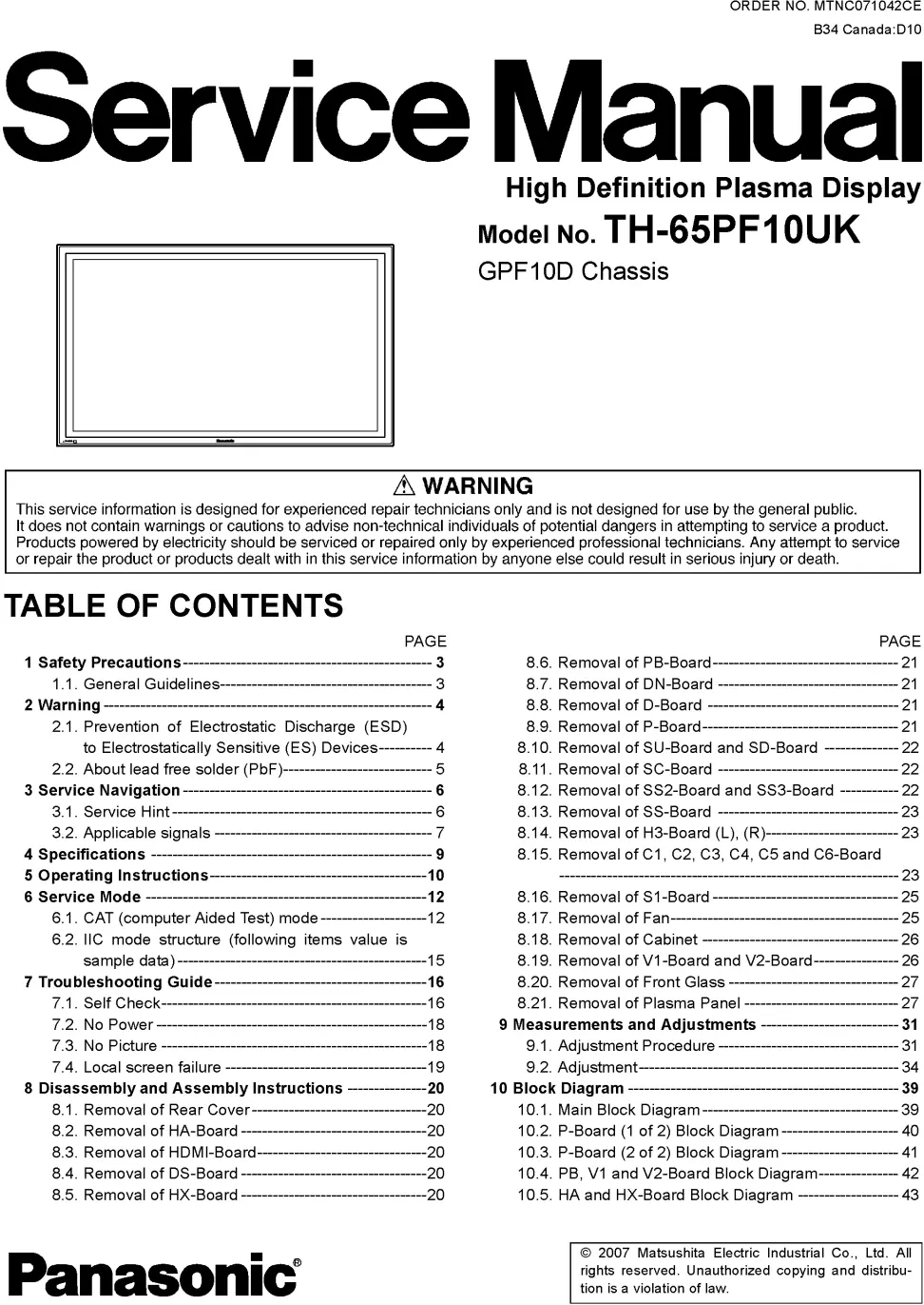Panasonic th 65pf10uk service manual cover with photo of the television, TV type, chassis code, model code, creation date and document number