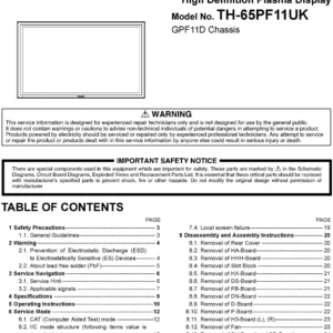 Panasonic th 65pf11uk service manual cover with photo of the television, TV type, chassis code, model code, creation date and document number