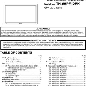 Panasonic th 65pf12ek service manual cover with photo of the television, TV type, chassis code, model code, creation date and document number