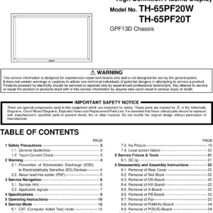 Panasonic th 65pf20 service manual cover with photo of the television, TV type, chassis code, model code, creation date and document number