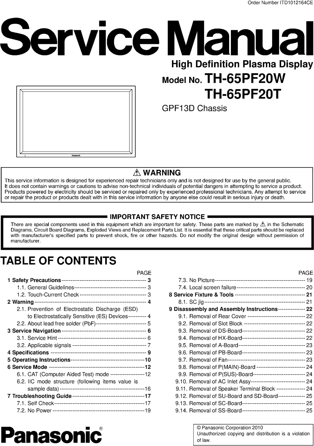 Panasonic th 65pf20 service manual cover with photo of the television, TV type, chassis code, model code, creation date and document number