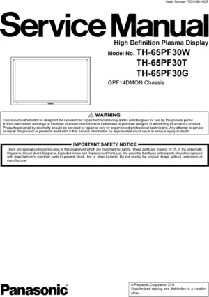 Panasonic th 65pf30w 65pf30t 65pf30g service manual cover with photo of the television, TV type, chassis code, model code, creation date and document number