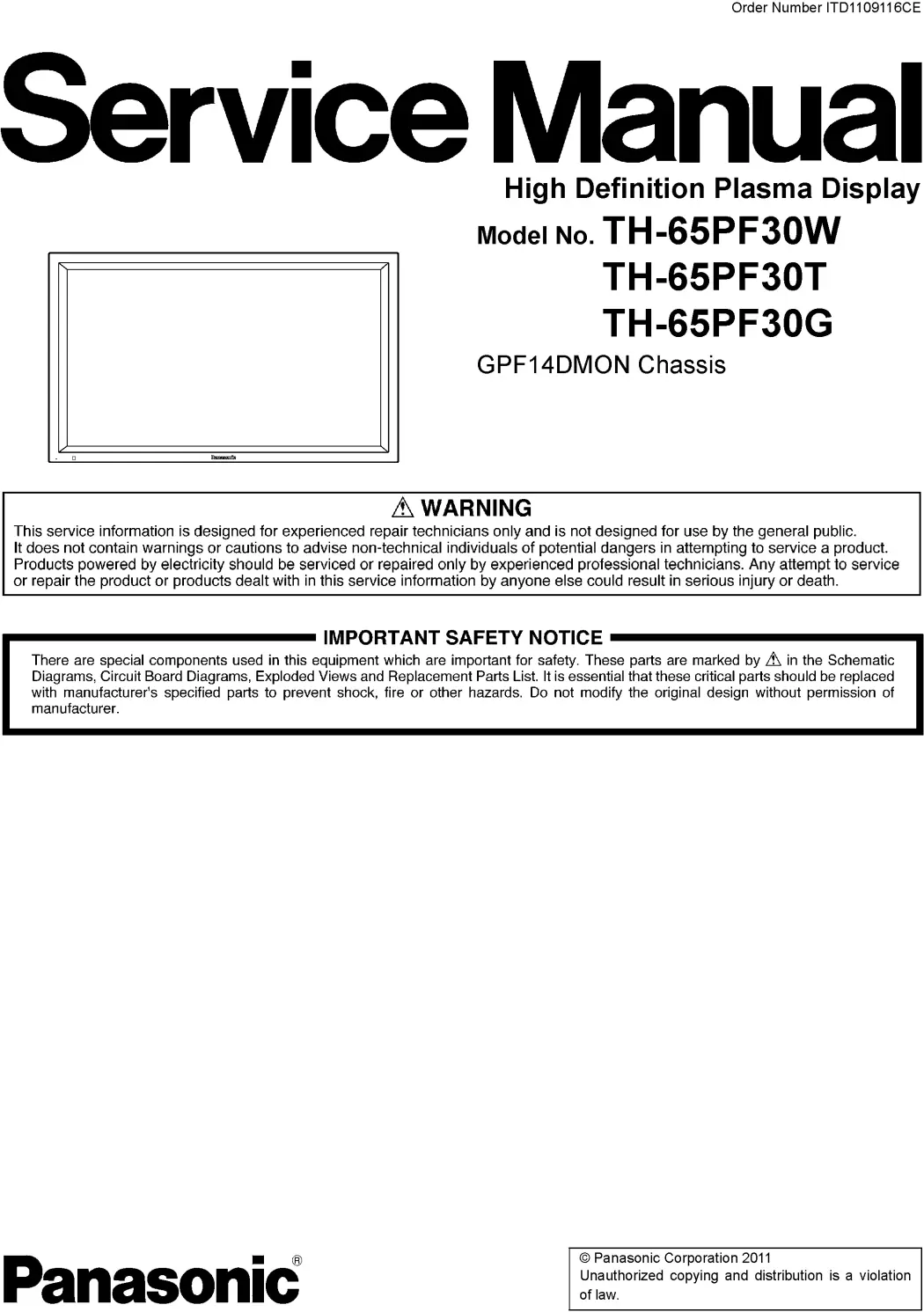 Panasonic th 65pf30w 65pf30t 65pf30g service manual cover with photo of the television, TV type, chassis code, model code, creation date and document number