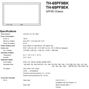 Panasonic th 65pf9ek 65pf9bk service manual cover with photo of the television, TV type, chassis code, model code, creation date and document number