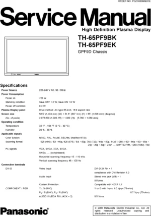 Panasonic th 65pf9ek 65pf9bk service manual cover with photo of the television, TV type, chassis code, model code, creation date and document number