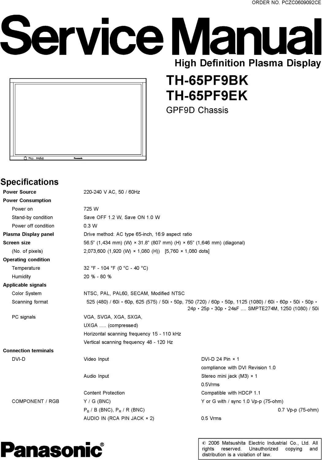 Panasonic th 65pf9ek 65pf9bk service manual cover with photo of the television, TV type, chassis code, model code, creation date and document number