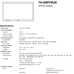 Panasonic th 65pf9uk service manual cover with photo of the television, TV type, chassis code, model code, creation date and document number