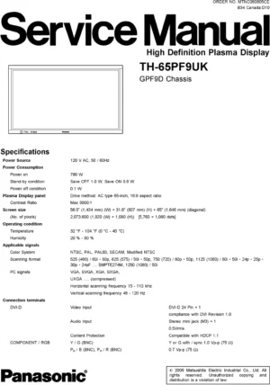 Panasonic th 65pf9uk service manual cover with photo of the television, TV type, chassis code, model code, creation date and document number